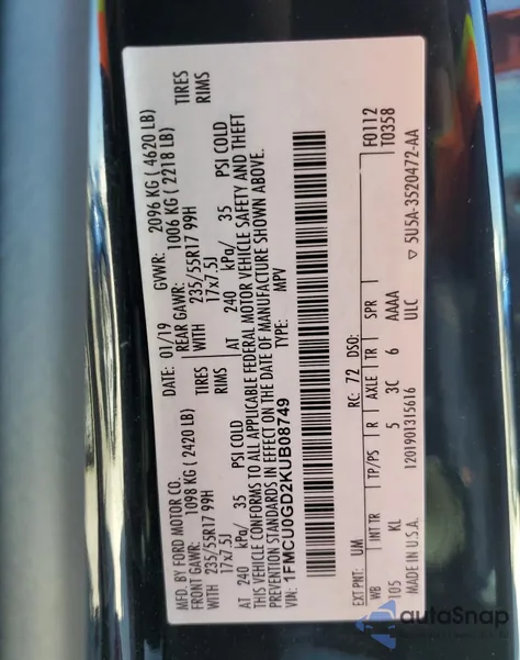 2019 Ford Escape Se from USA, damaged, VIN 1FMCU0GD2KUB08749